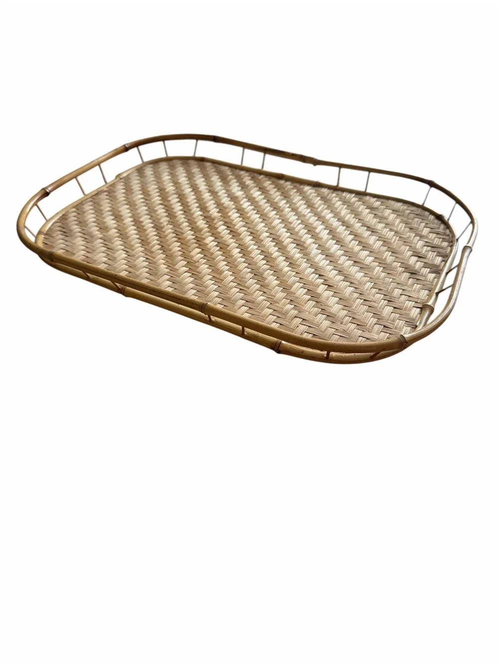 Vintage Woven Rattan Bamboo Serving Tray Rectangular Boho Coastal Farmhouse Deco